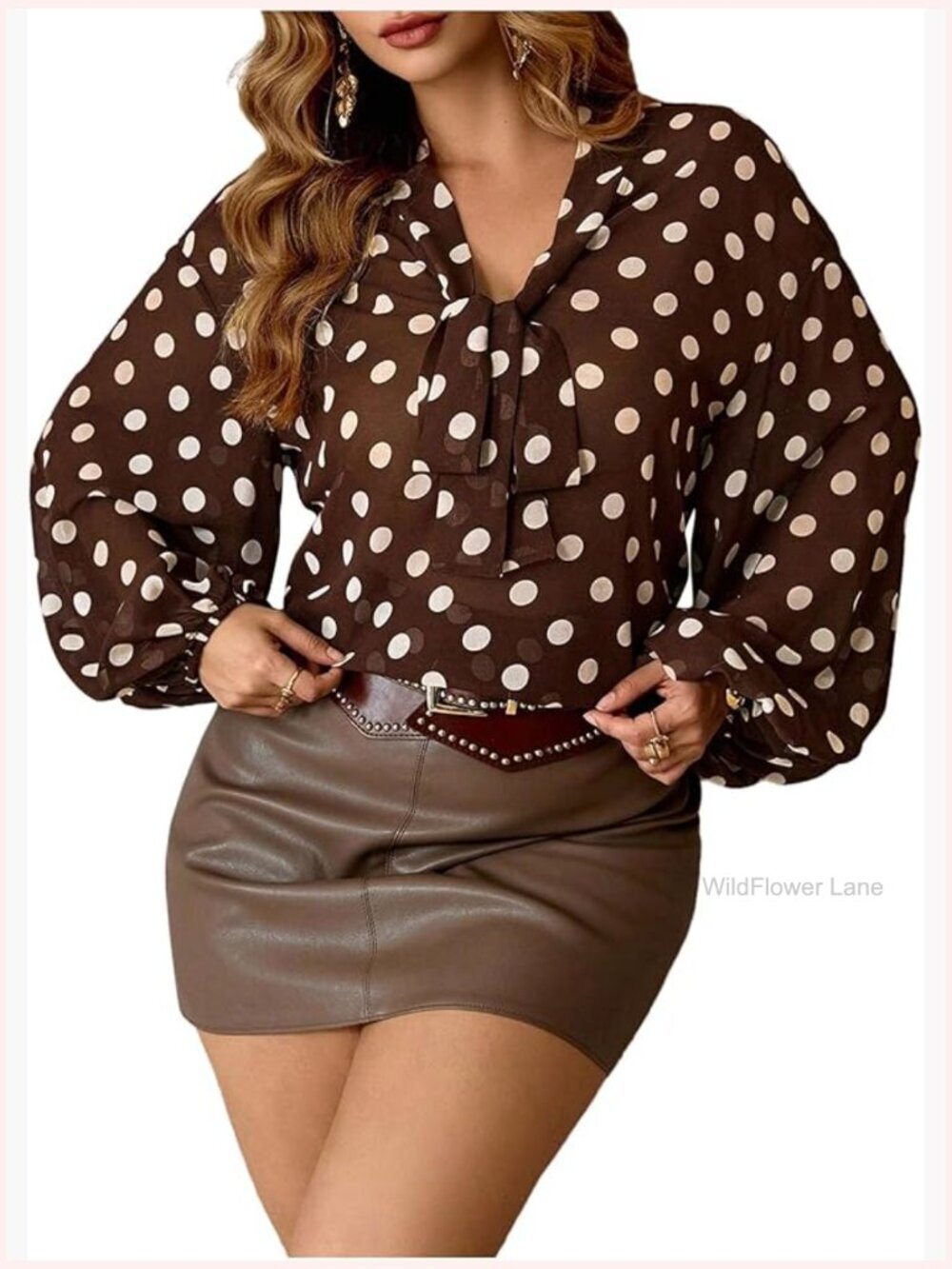Plus Size Polka Dot Chiffon Blouse Bow Tie Front V Neck Long Sleeve Blouse